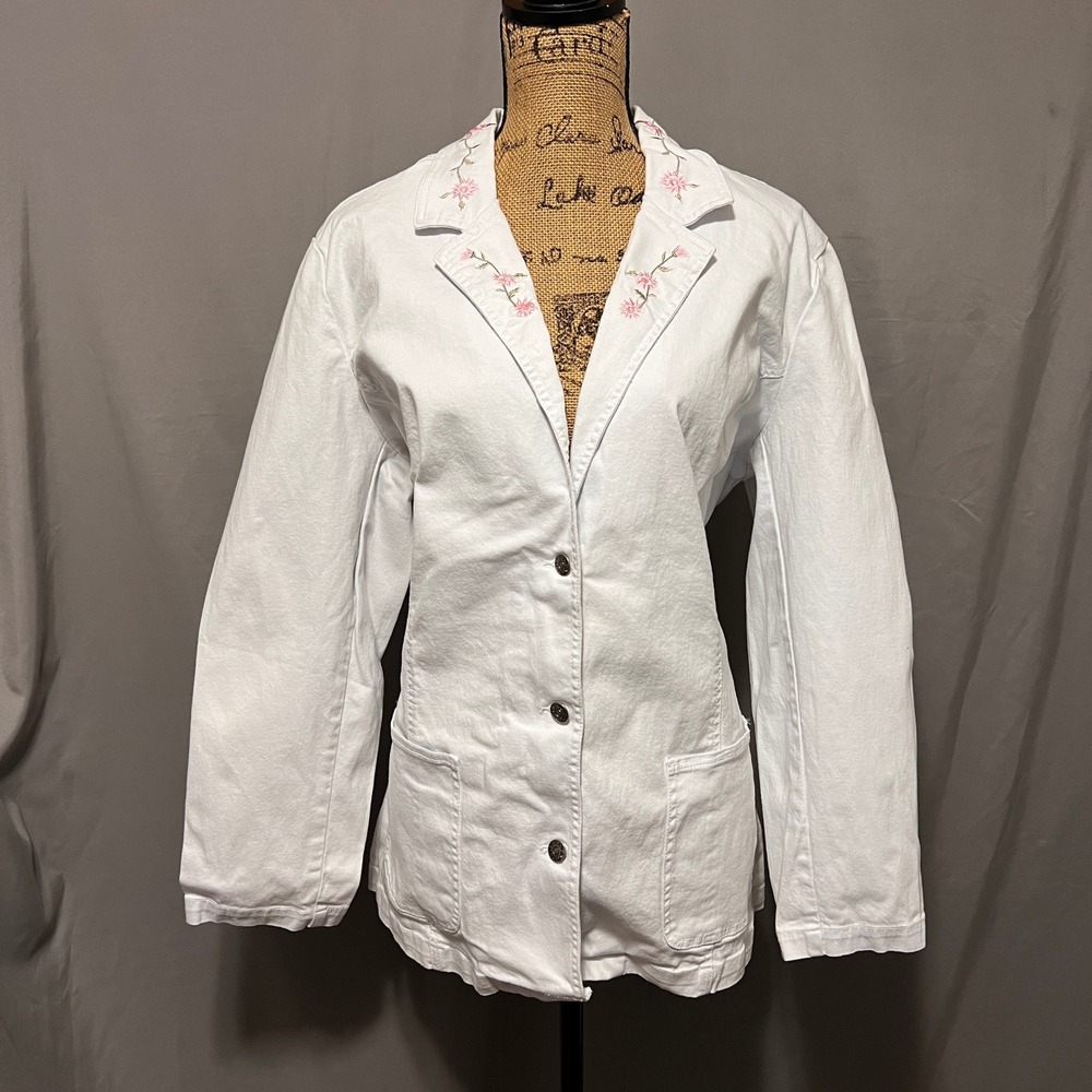 Denim&Co Embroidered Boho Western Denim Jacket Floral Accents White Size 1X